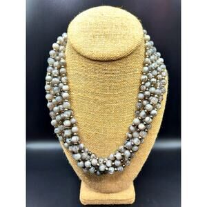Multi-strand Gray Marbled Beaded Statement Necklace w/ Lobster Clasp